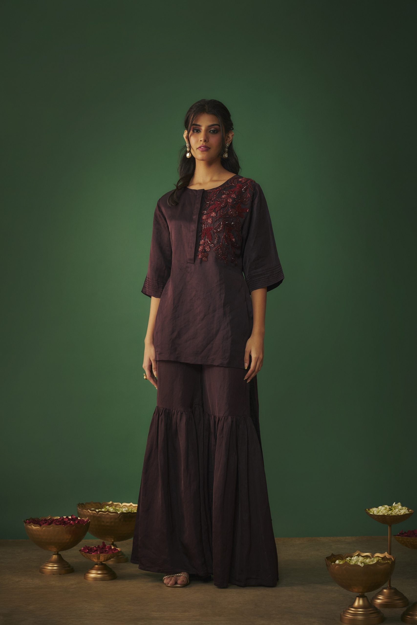 Image of WINE EMBROIDERED HI LOW KURTA AND SHARARA SET