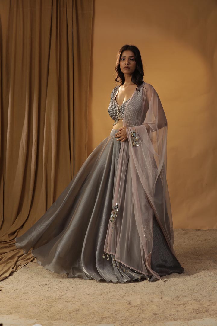 Image of GREY ORGANZA LEHENGA SET