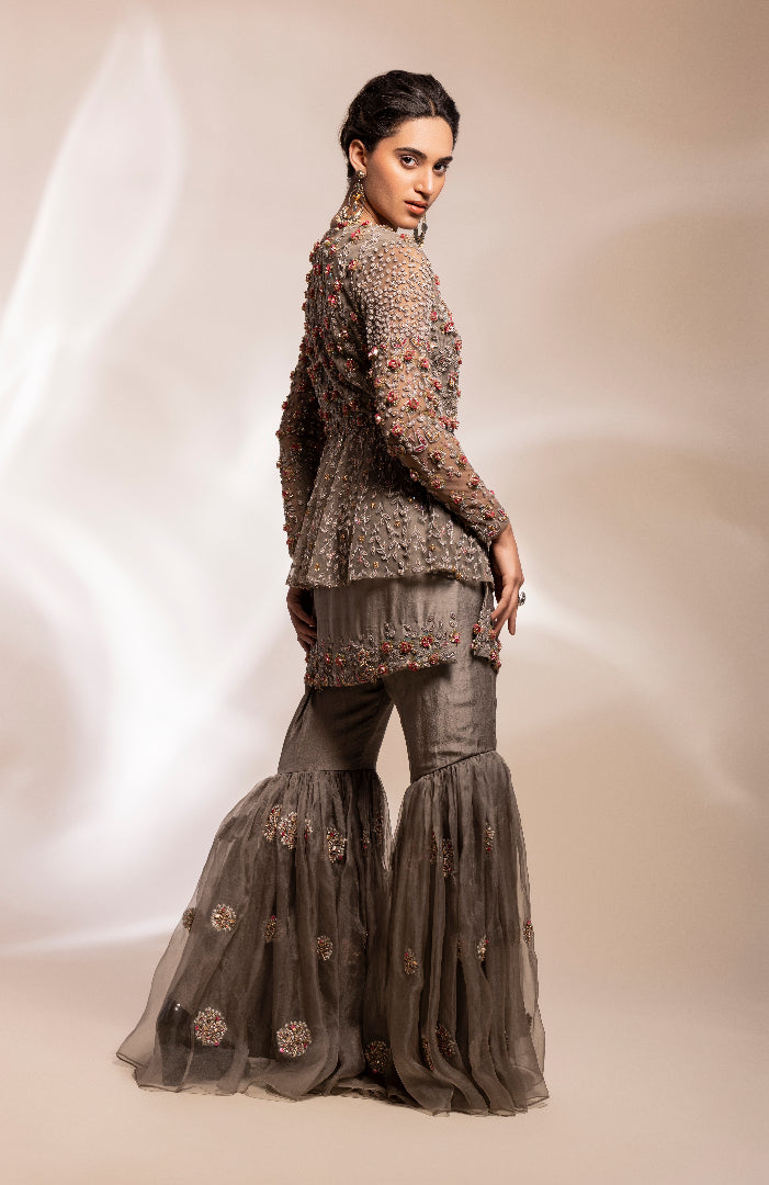 Peplum jacket, with shirt and gharara