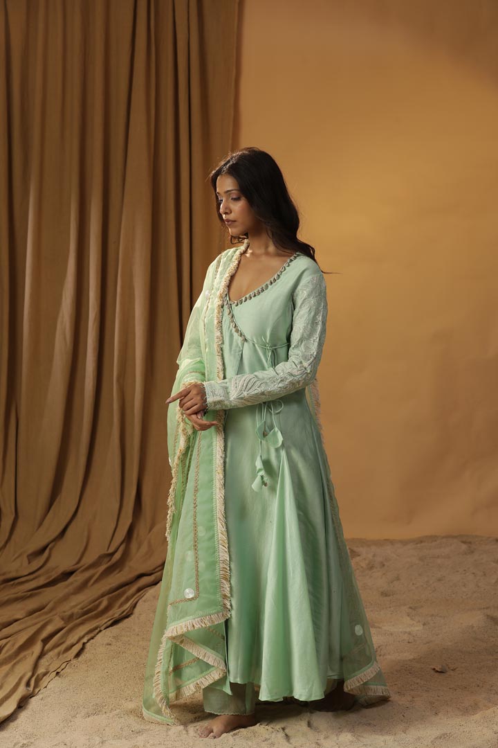 Image of PISTA GREEN ANGRAKHA SUIT SET