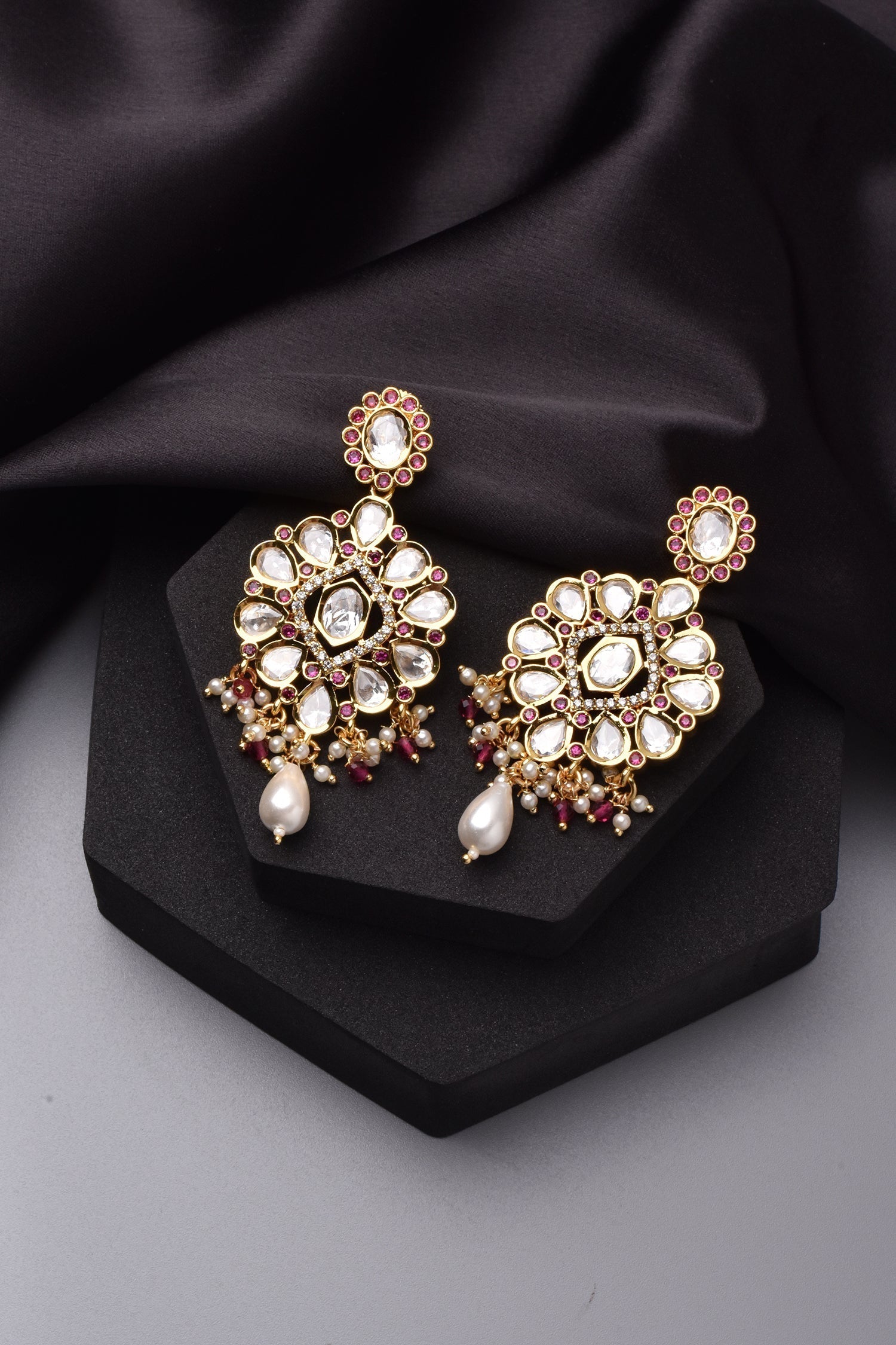 Red Gold Tone Polki Dangler Earrings