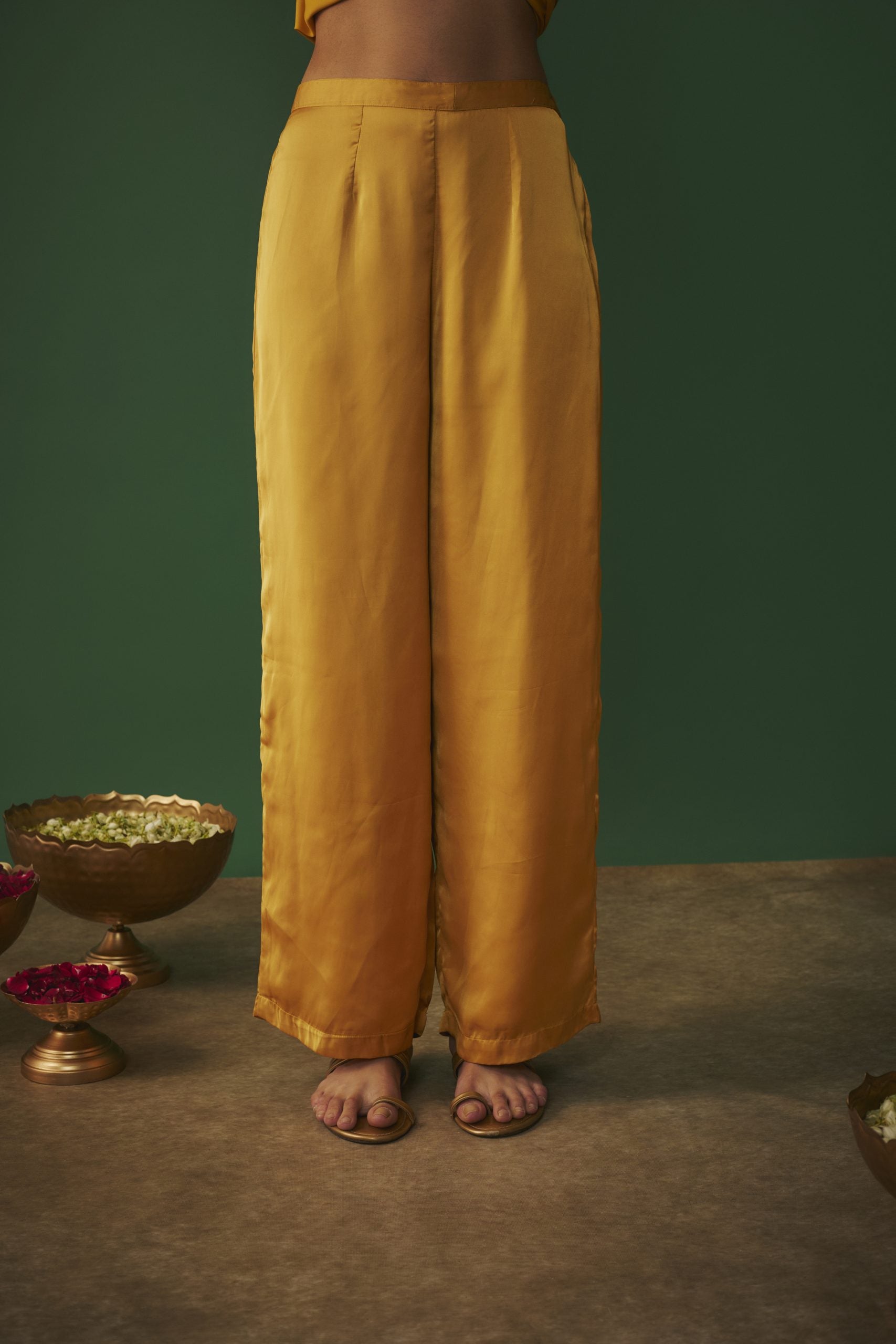 Image of MUSTARD YELLOW MUKAISH EMBRODIERED KURTA AND PANTS SET