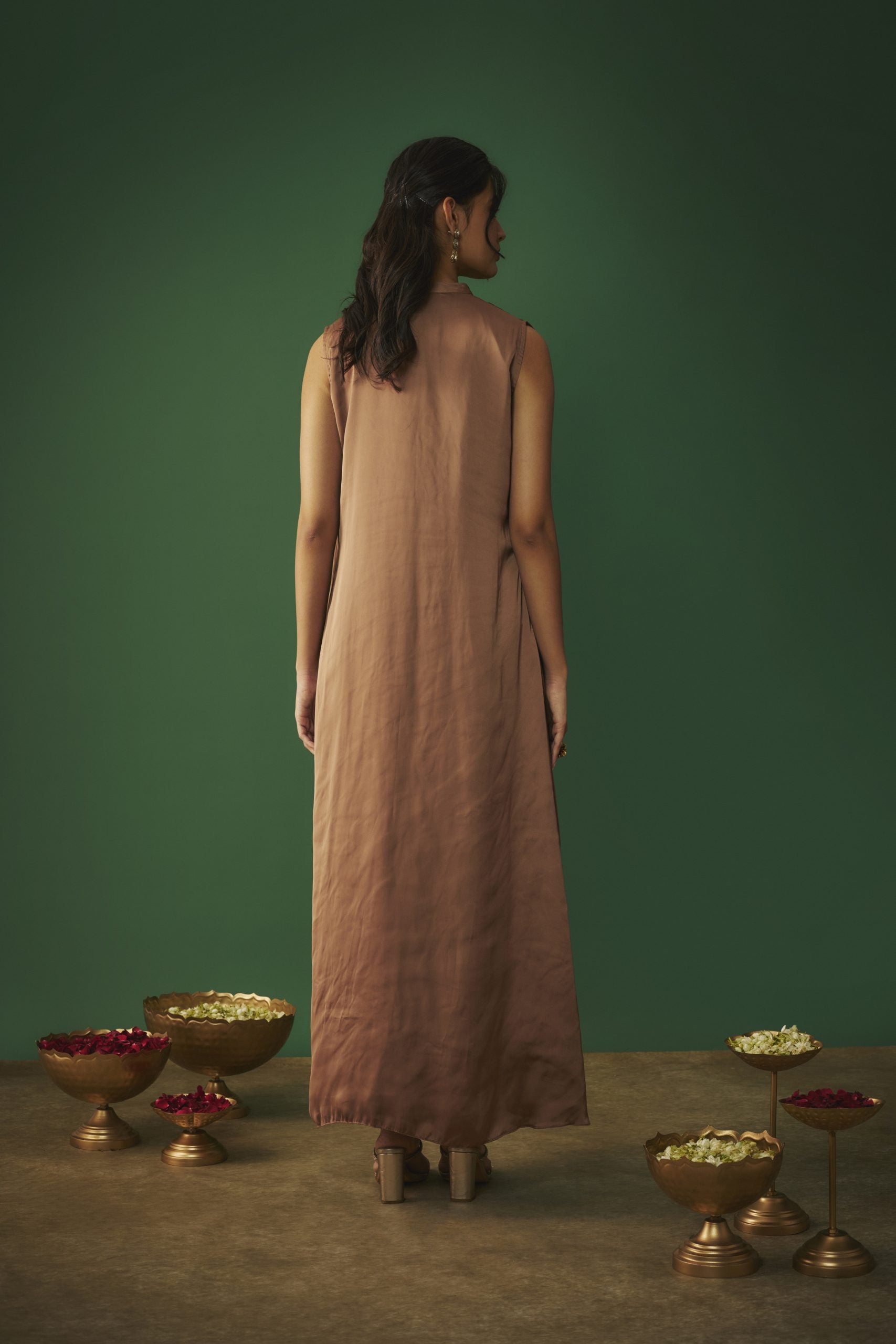 Image of COFFEE BROWN MUKAISH EMBROIDERED DRAPED GOWN