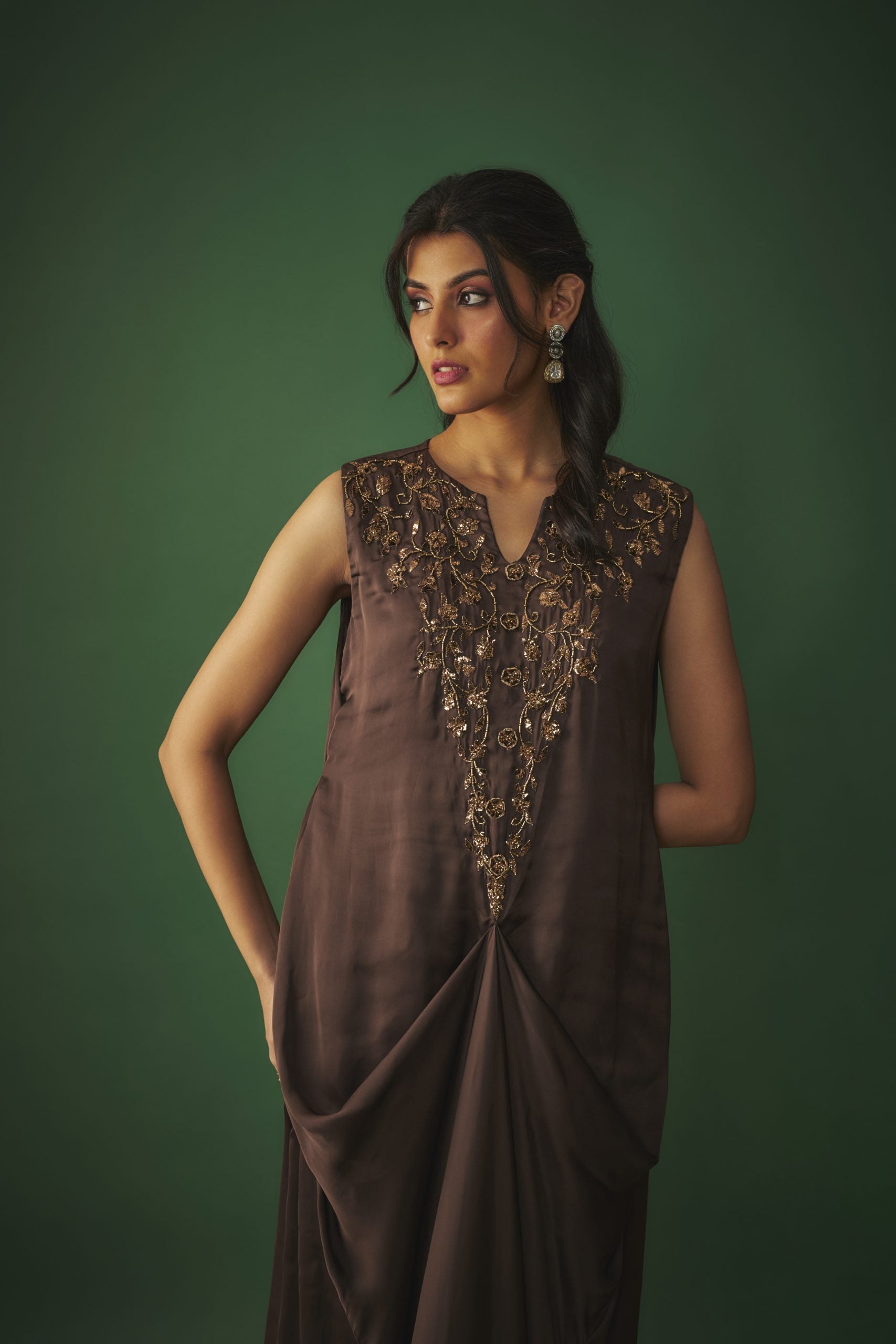 Image of CHOCOLATE BROWN MUKAISH EMBROIDERED DRAPED GOWN