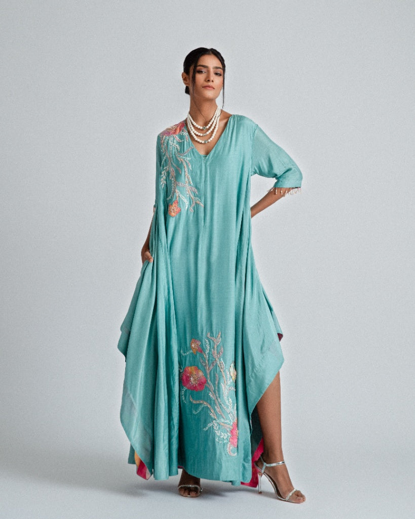 Silk mul mul tunic dress, with intricate floral patchwork, ombré organza motifs, and pockets. 