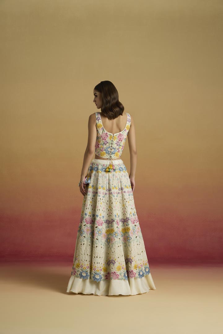 Ivory Pastel Floral Threadwork Chanderi Corset for Luxury Occasions