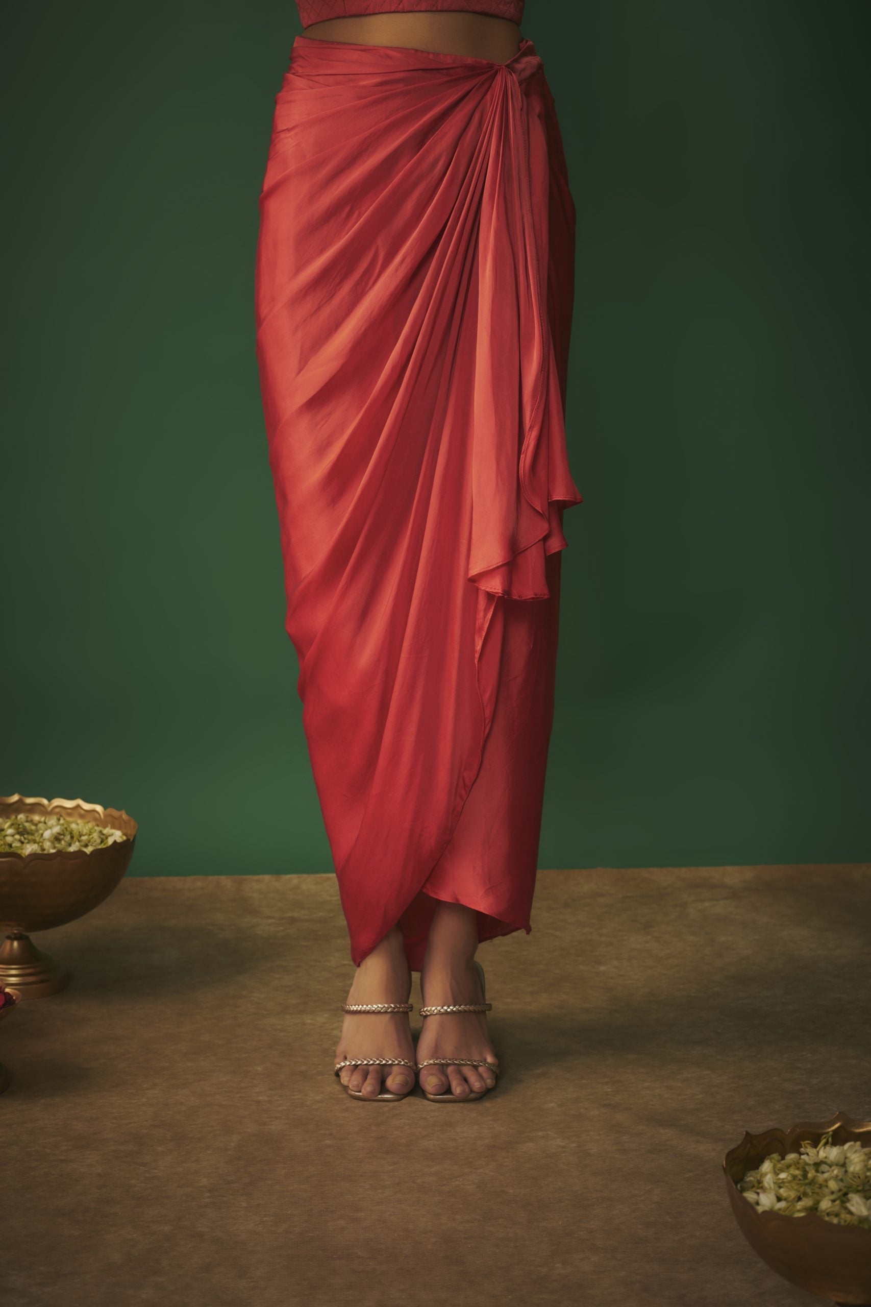 Image of ORANGE EMBROIDERED TOP AND DRAPED SKIRT SET