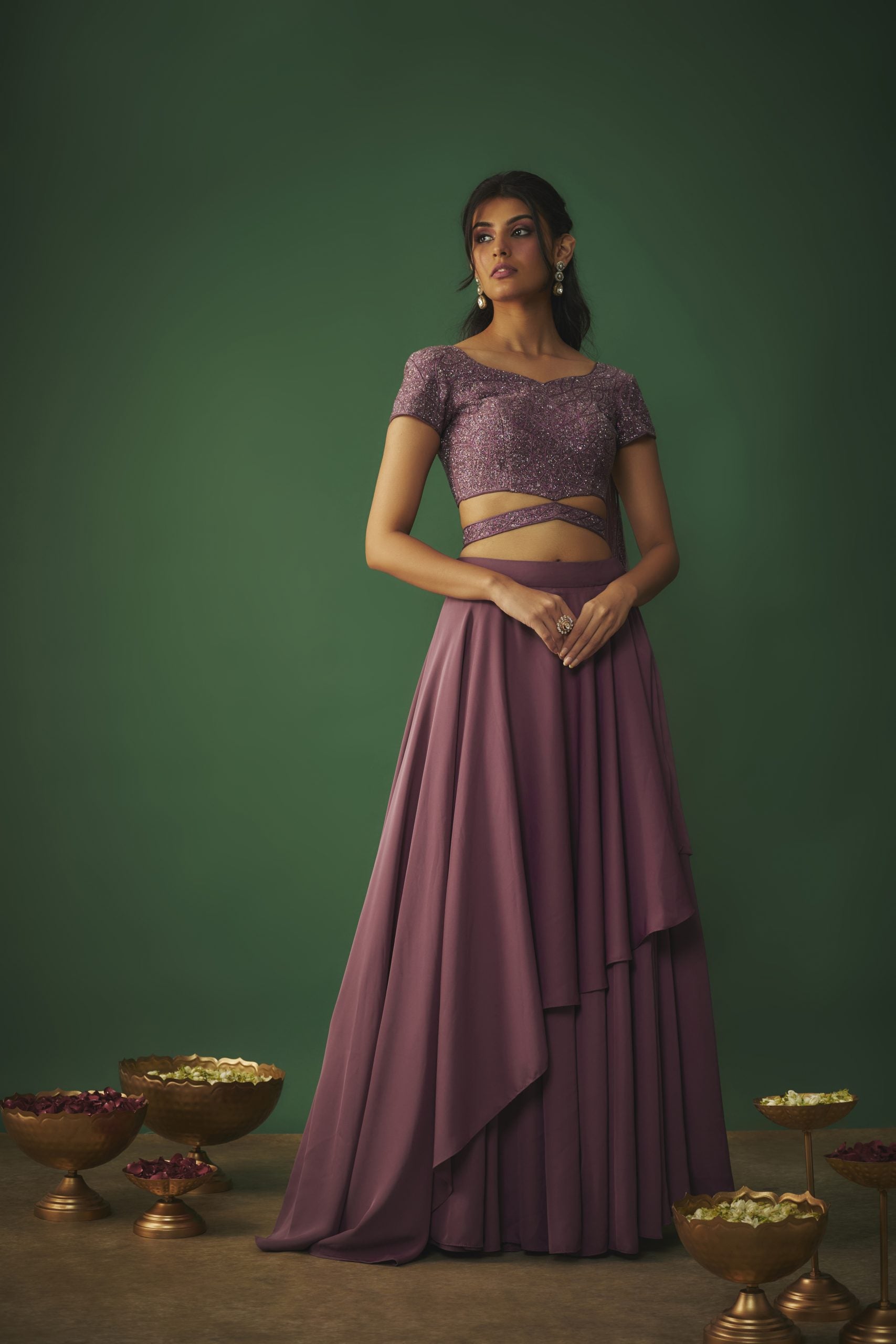 Image of ROUGE PINK EMBROIDERED CHOLI WITH ATTACHED DUPATTA AND ASYMMETRICAL LEHENGA SET