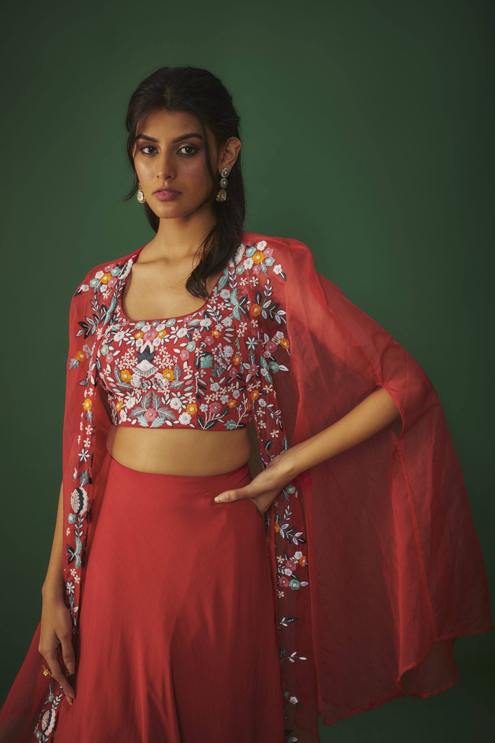 Image of RED THREADWORK EMBROIDERED CHOLI, CAPE AND LEHENGA SET