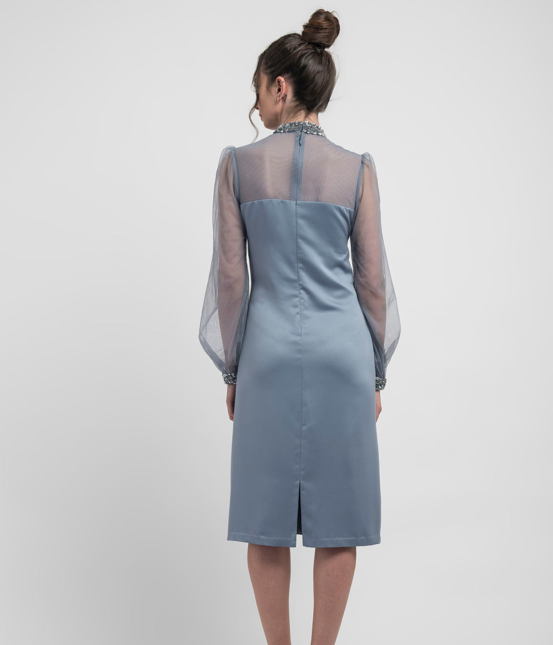 Dusty Blue Shift Dress with Sheer Bishop Sleeve