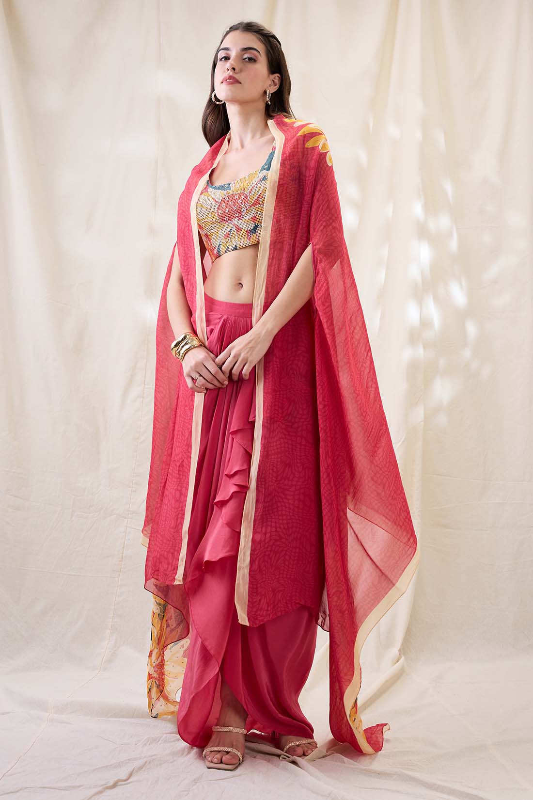 Ravya drape skirt set with embellished cape SP4731