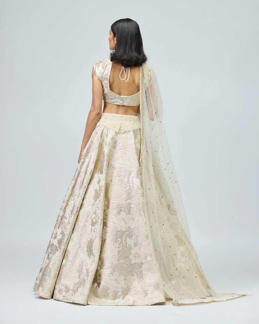 Pearl Embroidered Ivory Silk Brocade Lehenga Set for Weddings