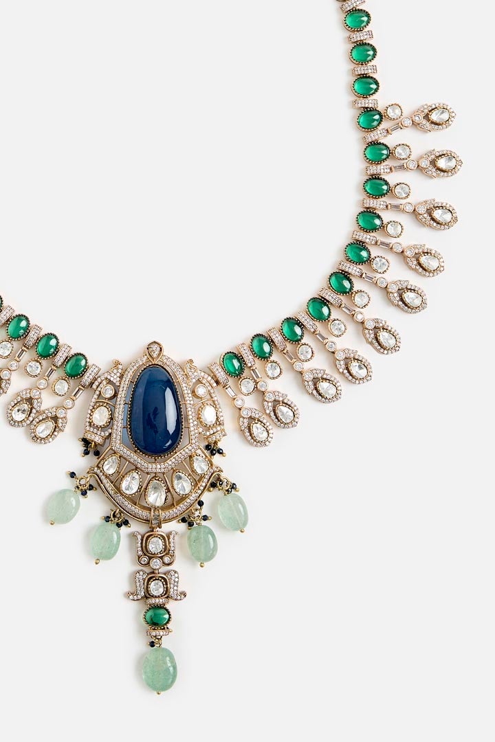 Royal Blue Stone & Green Beaded Kundan Necklace Set