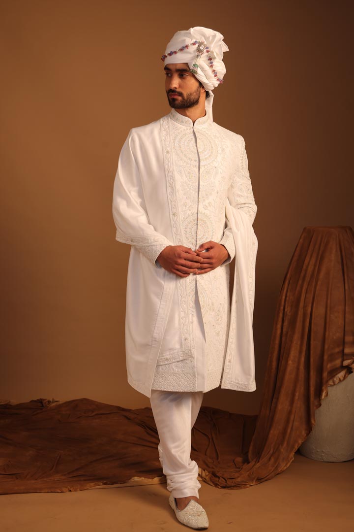 Image of White Peony Sherwani Set