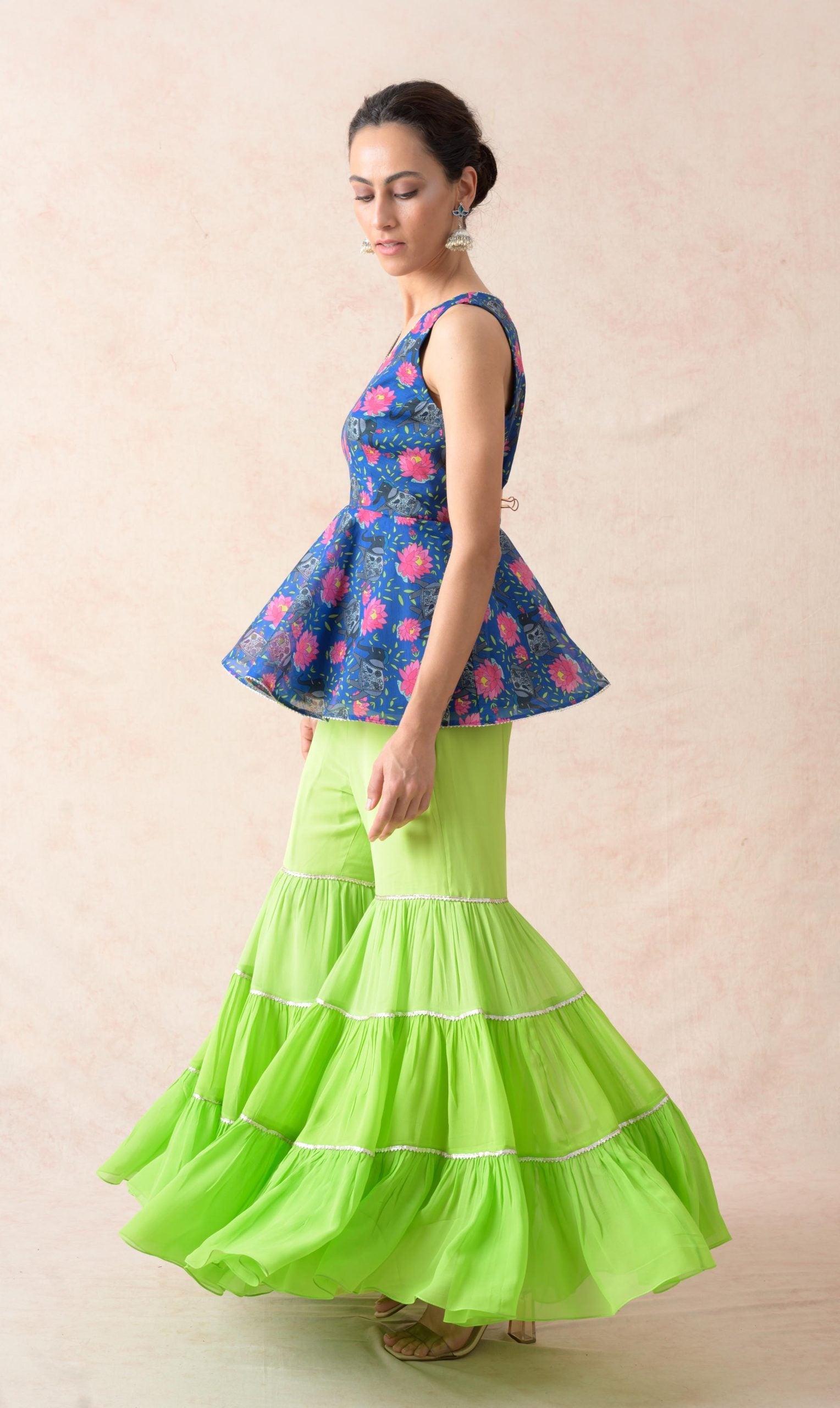 Elephant motifs with floral print peblum kurti with Ombre green tiered gharara, dupatta