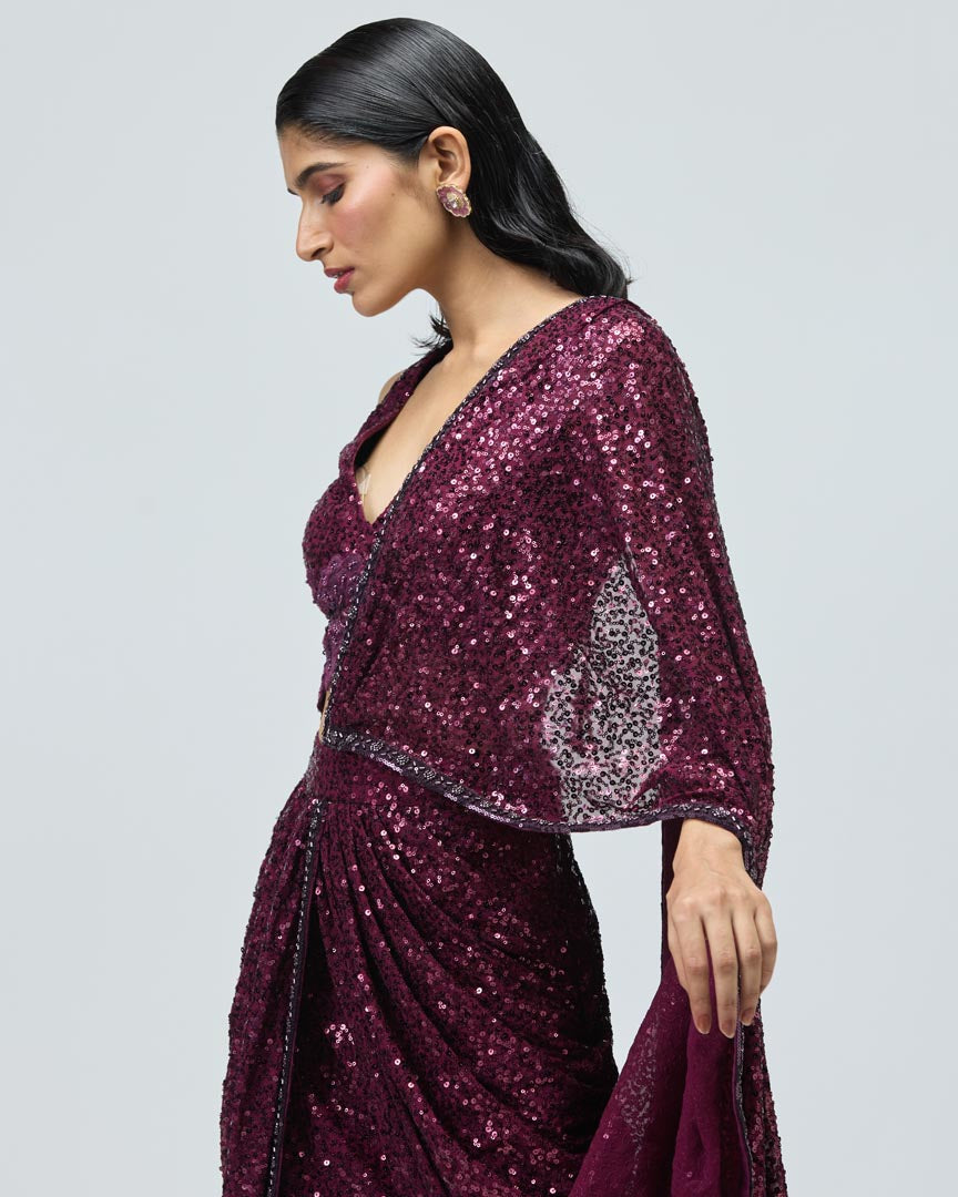 Dark Purple Sequin Drape Saree - Elegant Indo-Western Evening Set