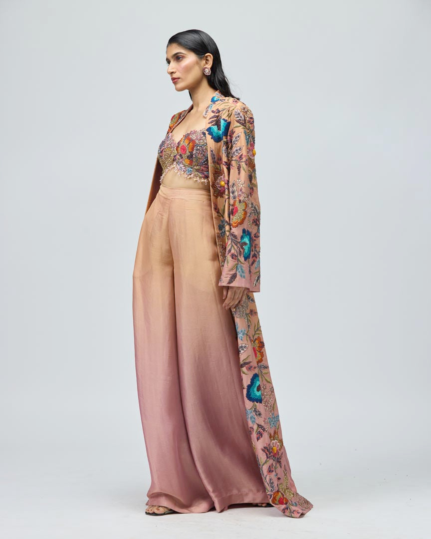 Multicolor Embroidered Peach Cape Set - Elegant Festive Indo-Western