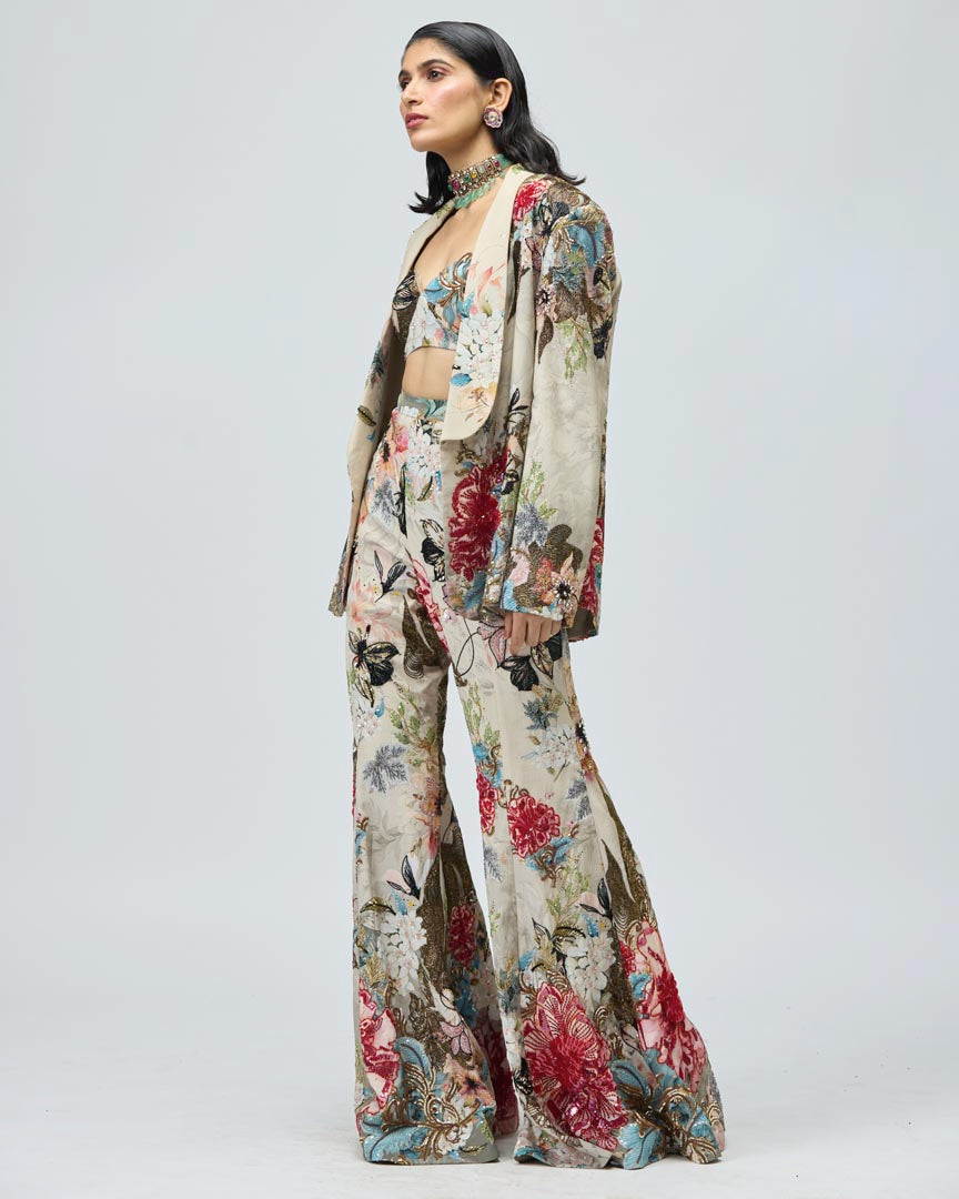 Ivory Printed Crepe Jacket Set with Bralette & Trousers