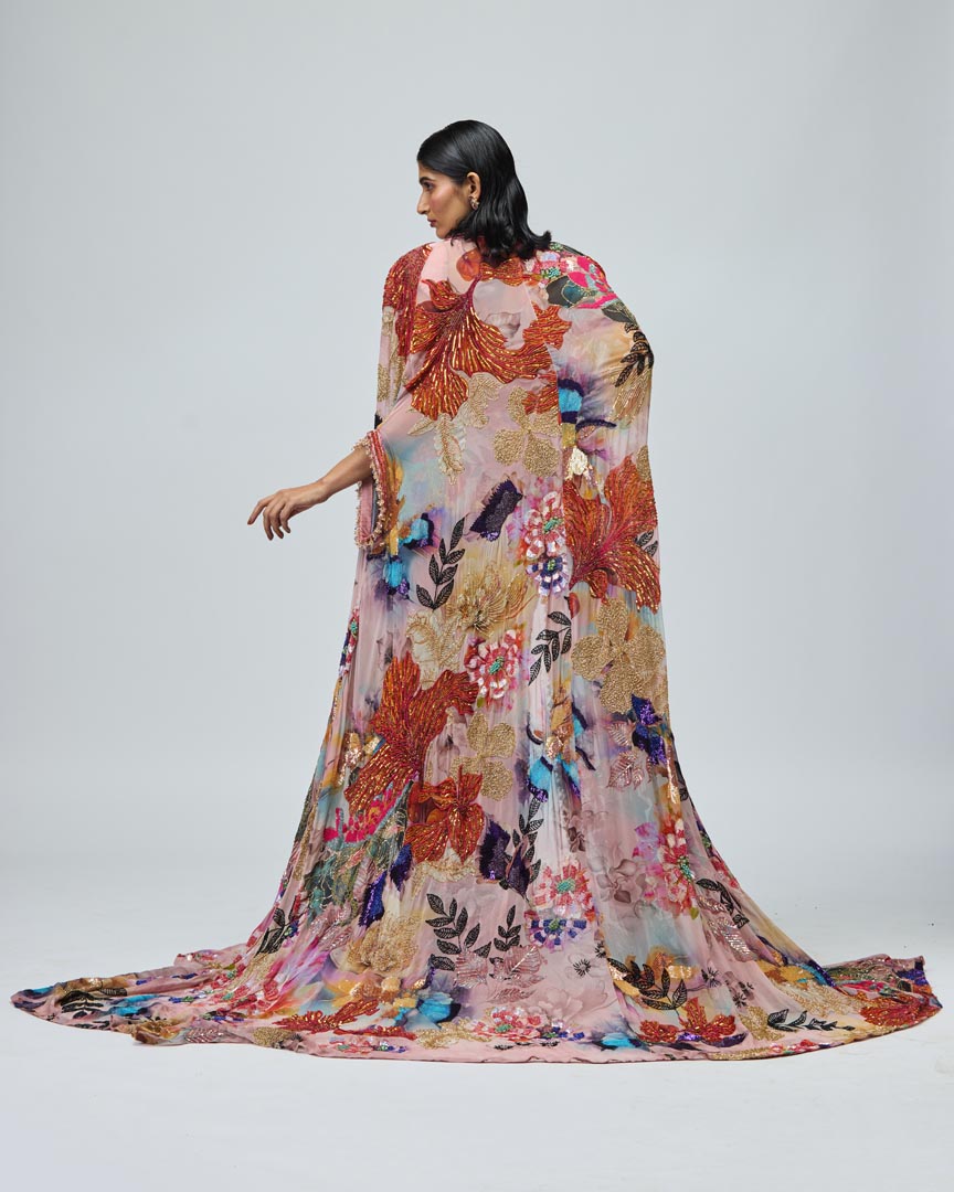 Pink Floral Printed Georgette Cape Sharara Set for Festive Wear