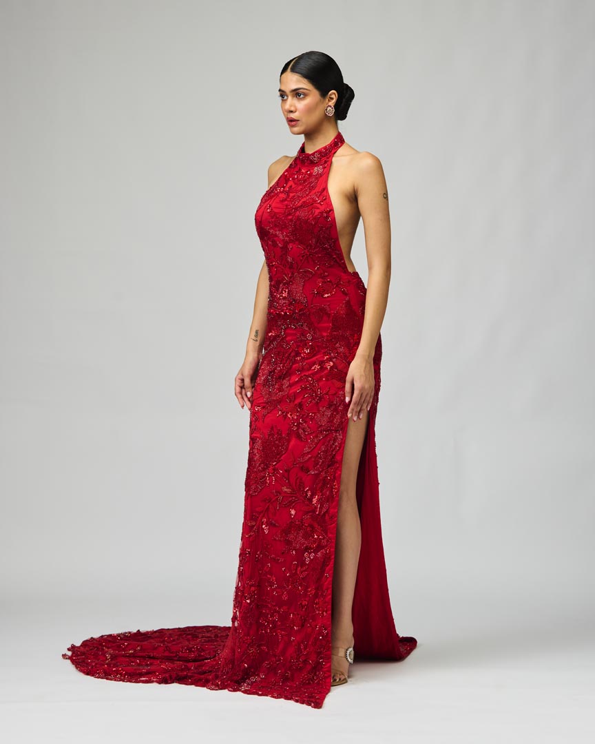 Red Embellished Gown - Designer Mono Net Festive Evening Wear