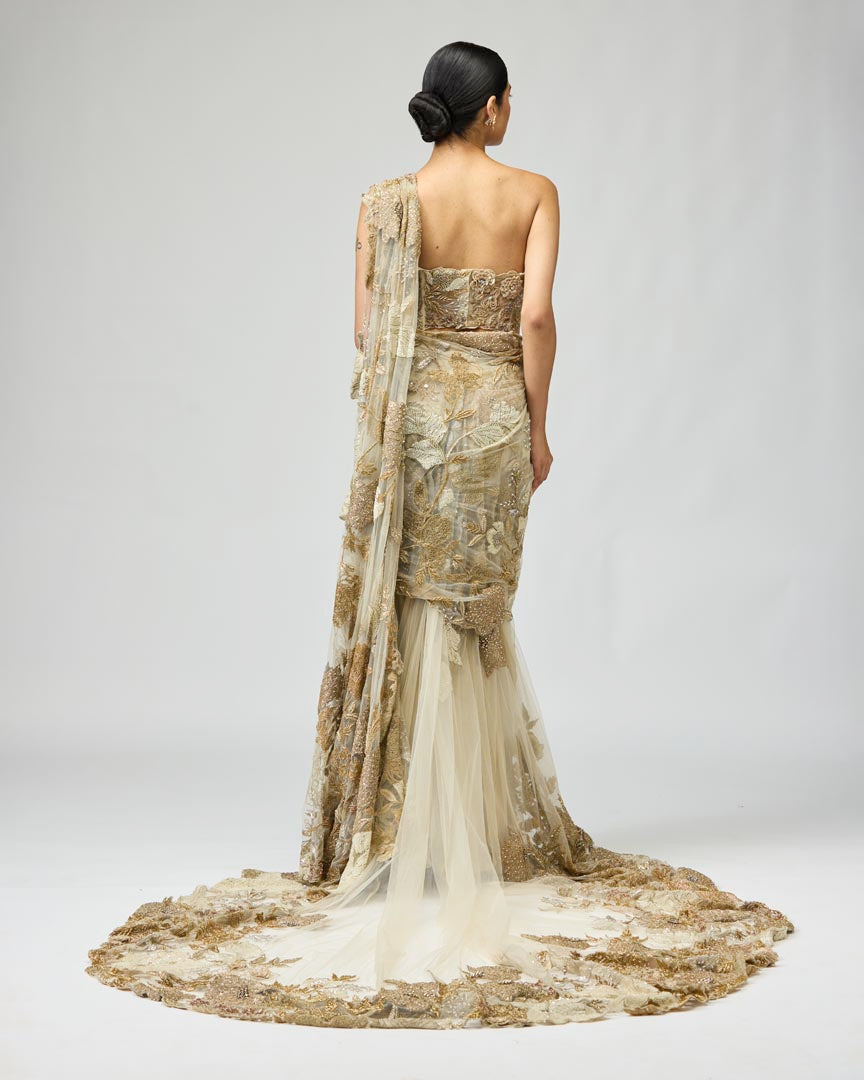 Ivory Gold Patch Saree Set in Structured Mono Net