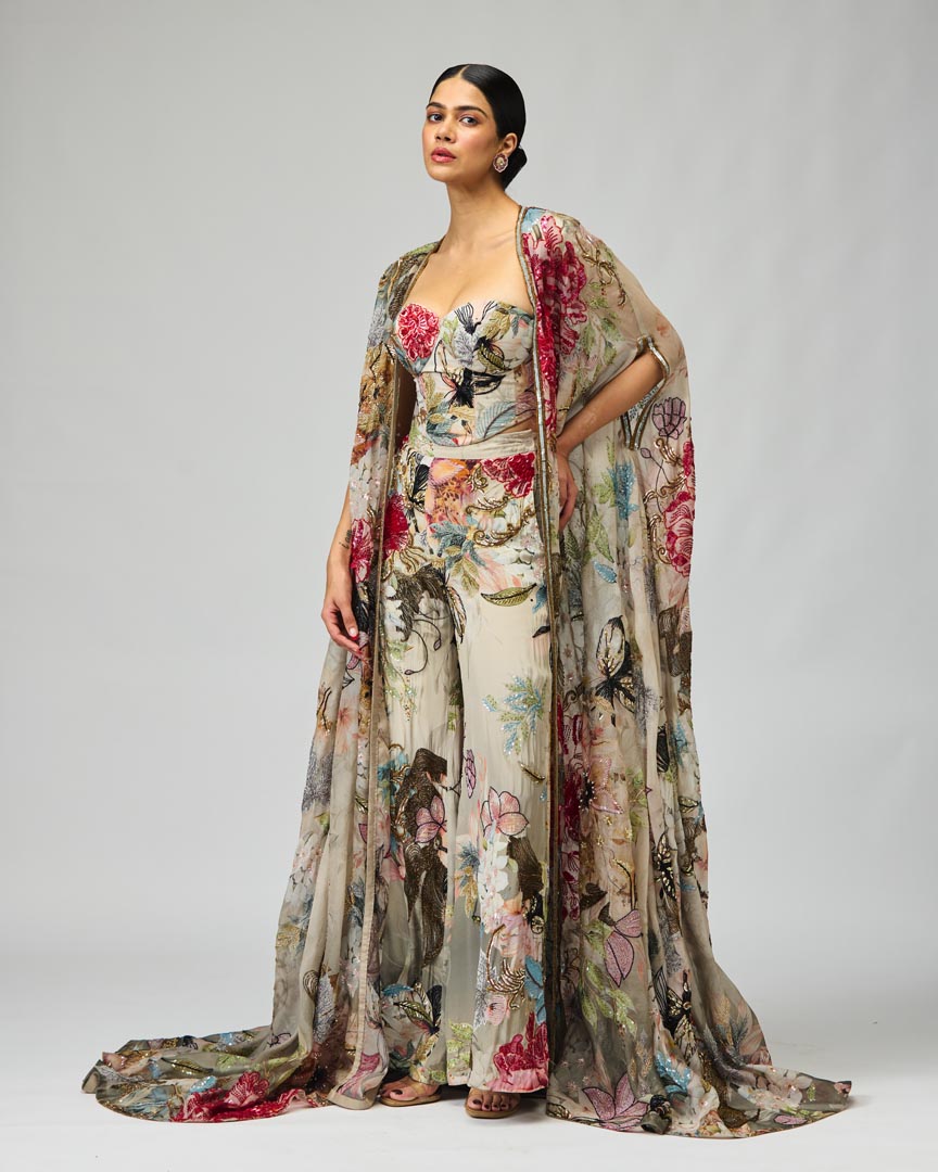 Ivory Embroidered Cape Set in Silk Crepe - Festive Tailored Ensemble