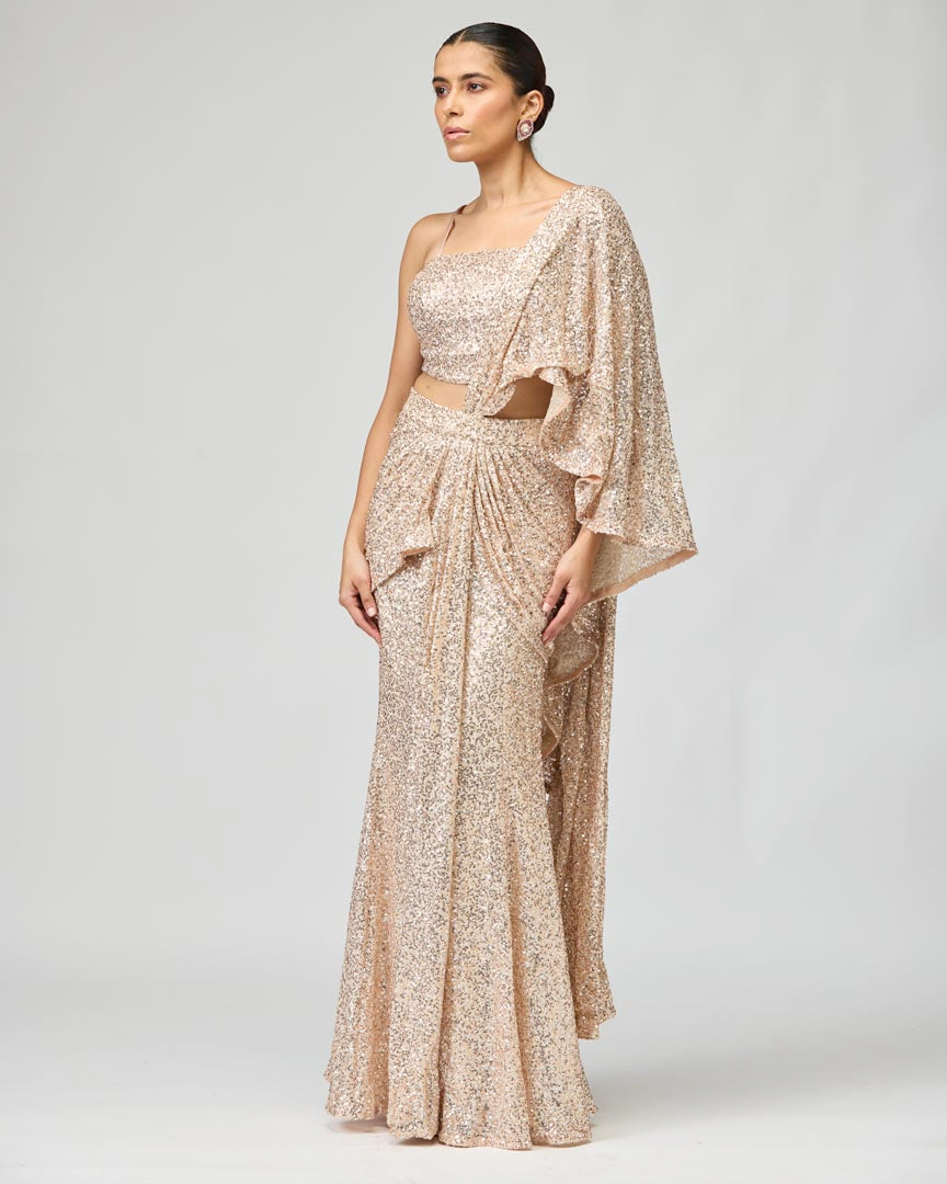Peach Multi-Sequin Silk Georgette Saree for Cocktail Events