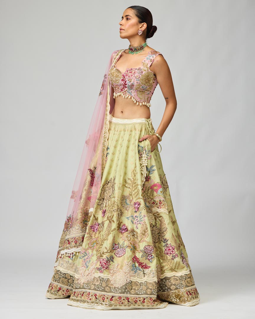 3D Patchwork Silk Brocade Lehenga Set for Grand Weddings