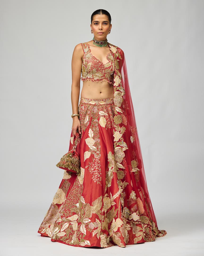 Red & Gold Zari Dabka Embellished Lehenga Set for Bridal Wear