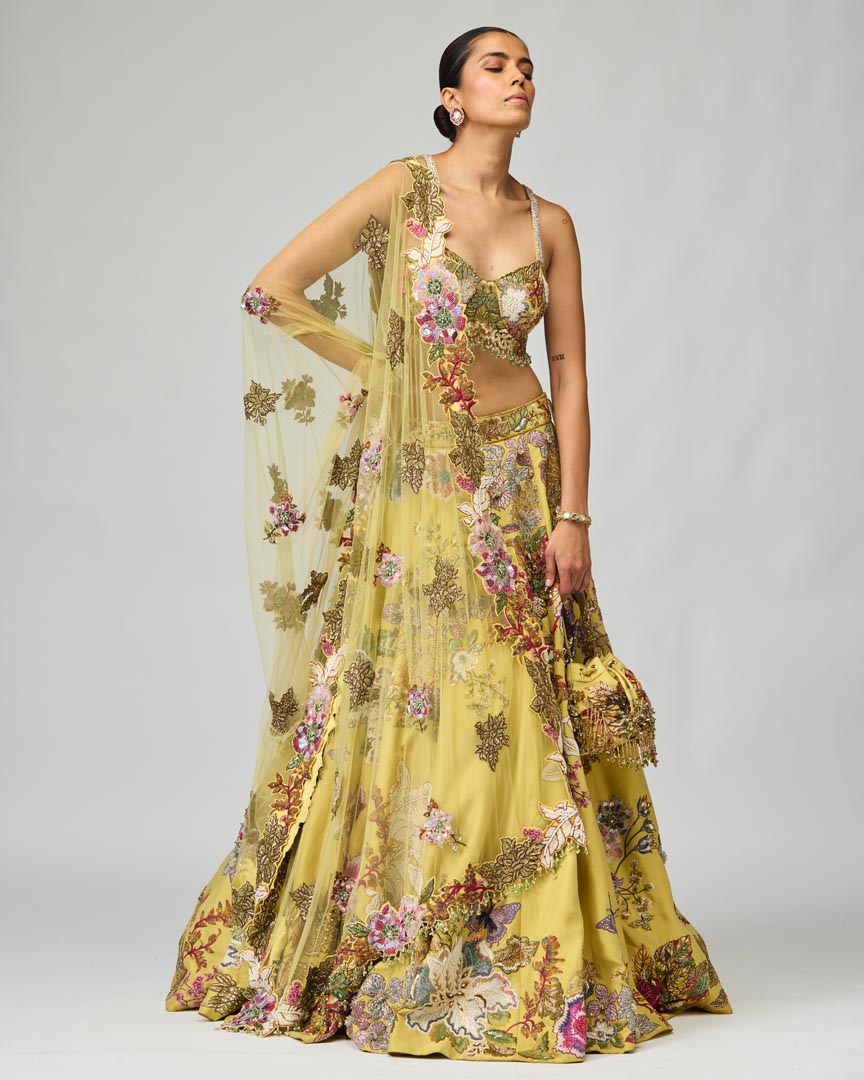 Multi-Color Embroidered Lime Green Lehenga Set for Weddings