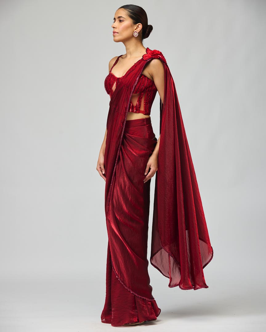 Red Silk Georgette Saree Set with Tonal Embroidery for Weddings