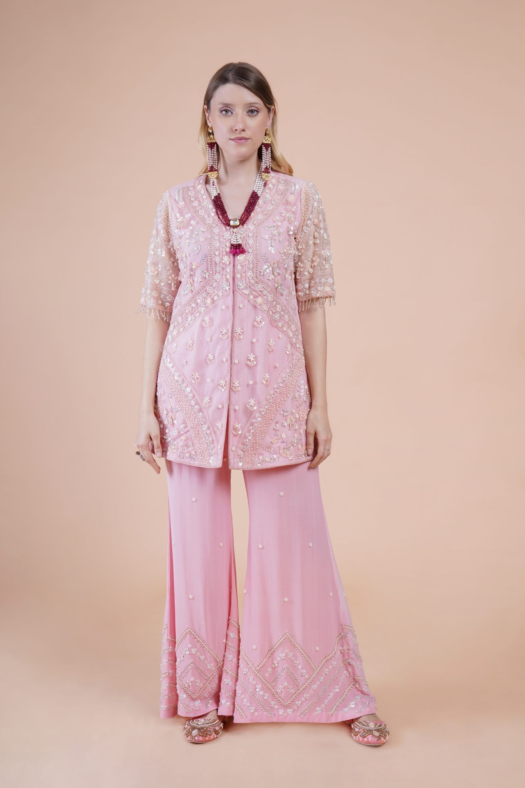 Image of Pink net embroidered kurta suit set