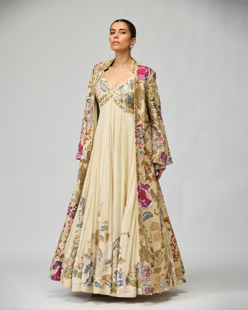 Ivory Thread Work Silk Georgette Anarkali Set for Festive Occasions