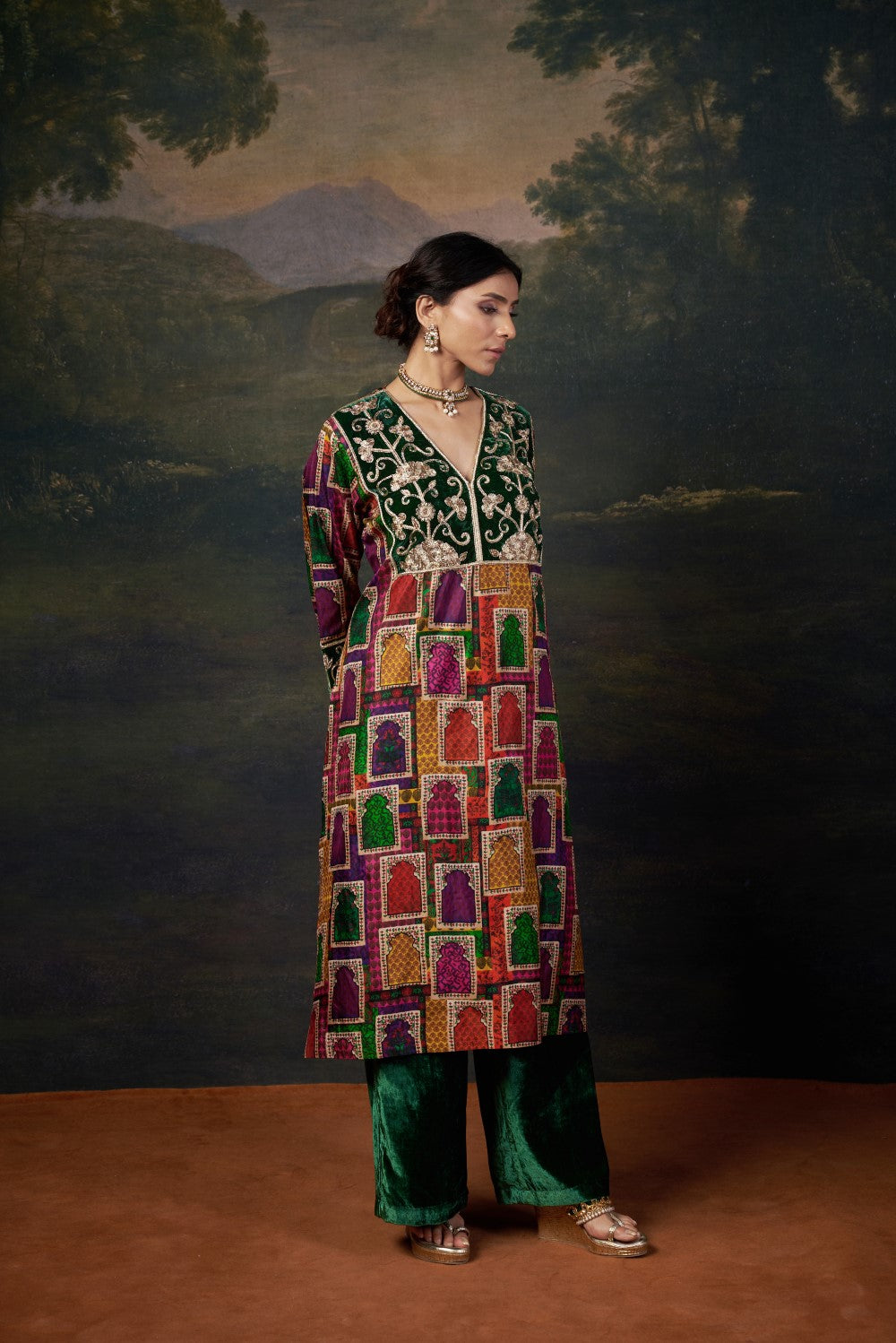Hand-Embroidered Jharoka Print Green  Kurta Set