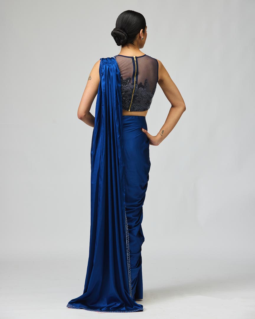 Navy Armani Satin Saree Set - Elegant Cocktail & Evening Wear