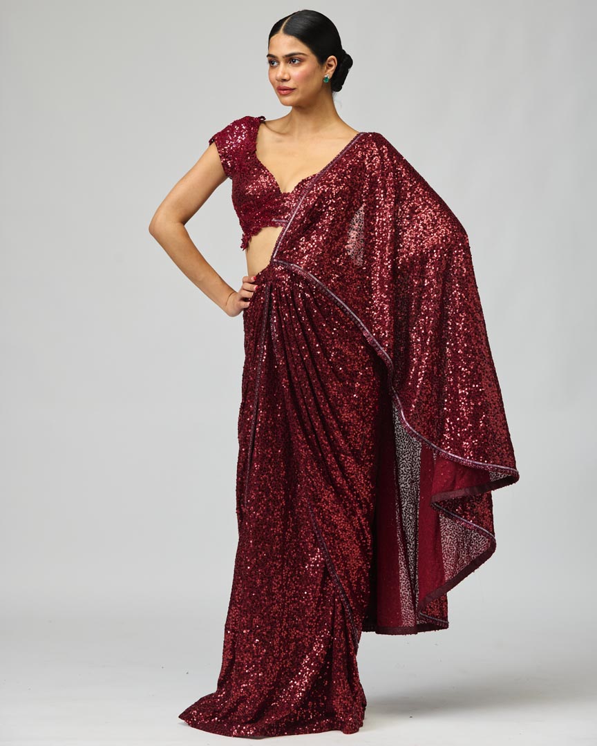 Maroon Sequin Saree Set with Dory Embroidery for Festive Wear