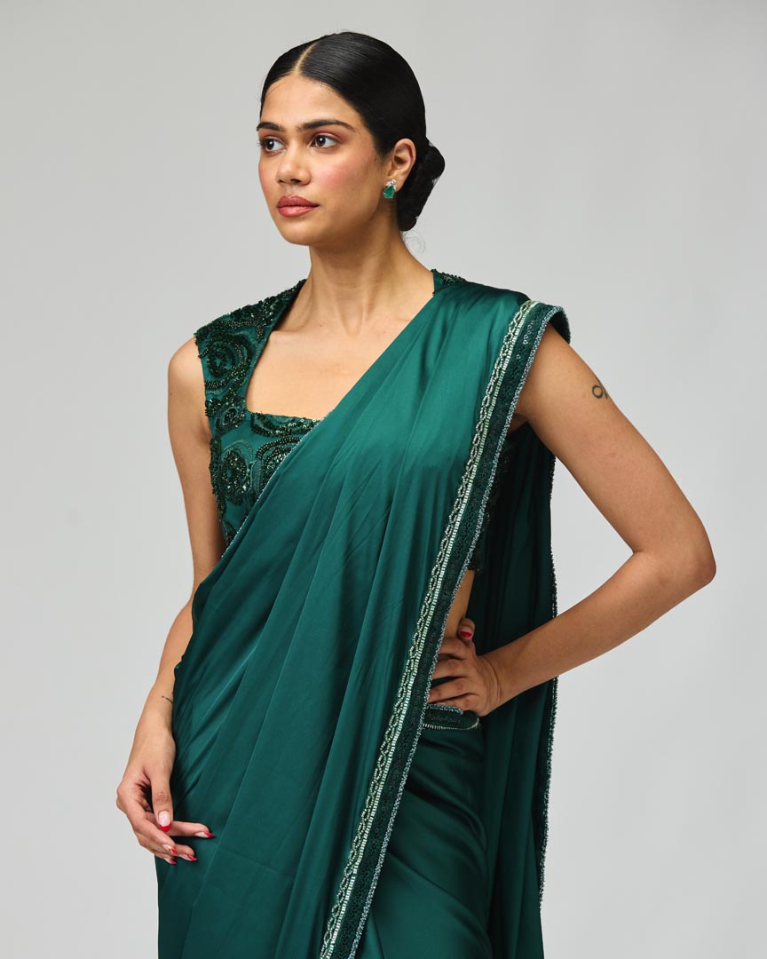 Emerald Green Armani Satin Saree Set with Embellished Blouse