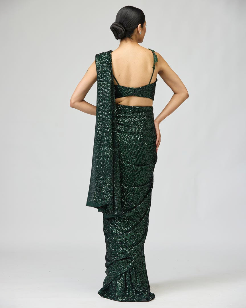 Dark Green Sequin Saree Set with Elegant Dory Work Festive Wear