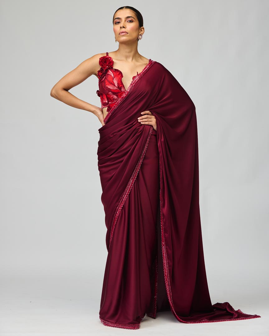 Glossy Organza Saree Set in Wine with 3D Leaf Embellishments