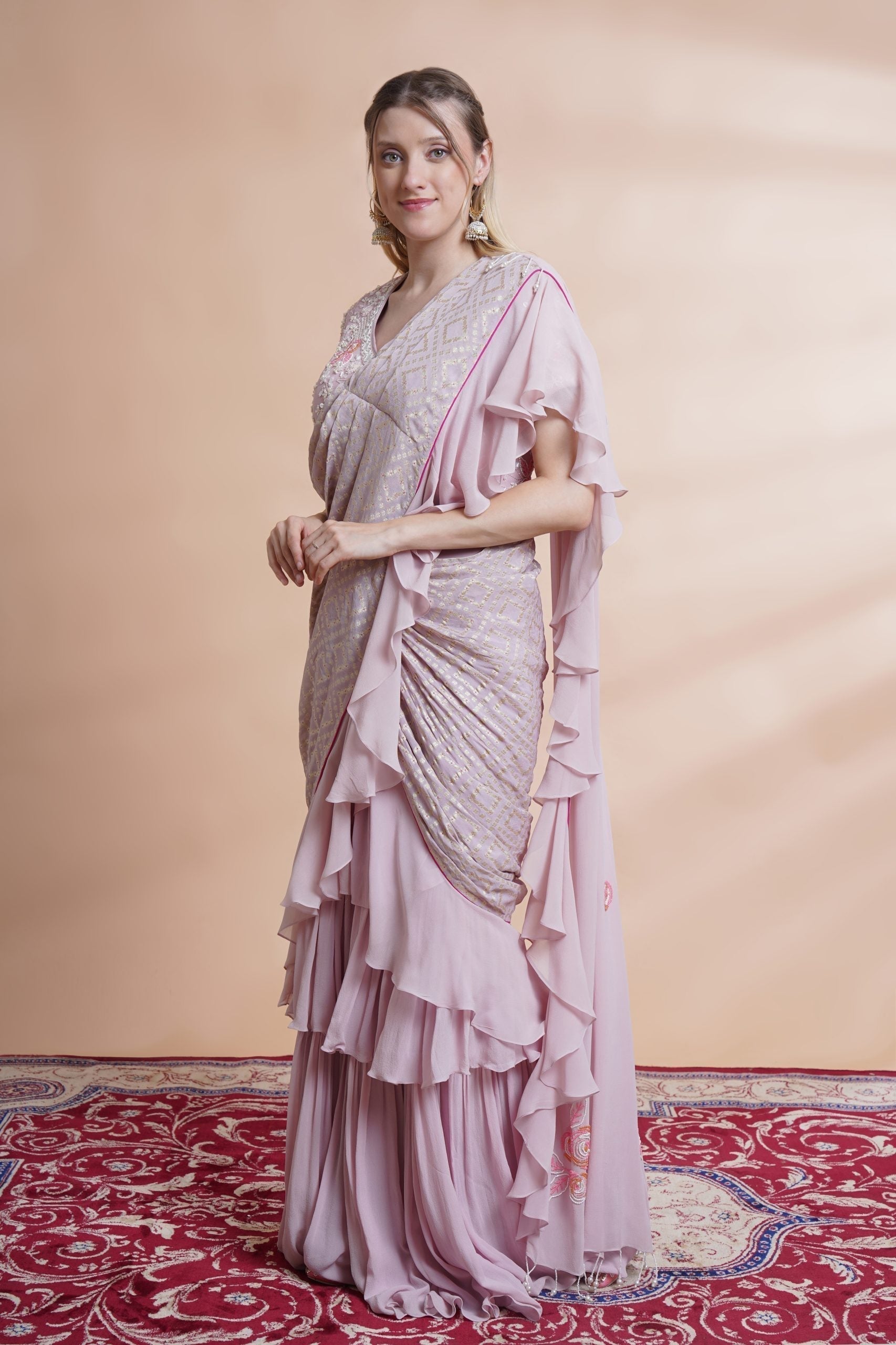 Image of Mauve georgette drape saree set