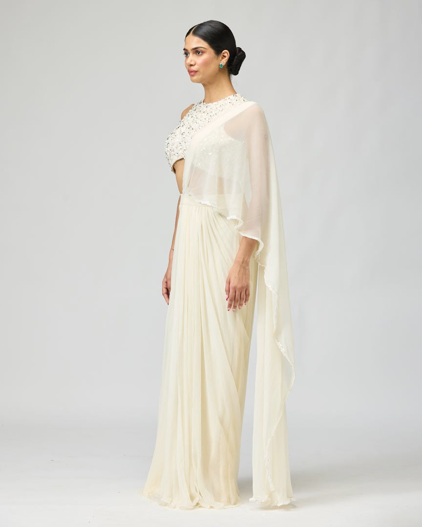Ivory Silk Chiffon Saree with Cutdana Bead Embroidery - Festive Wear