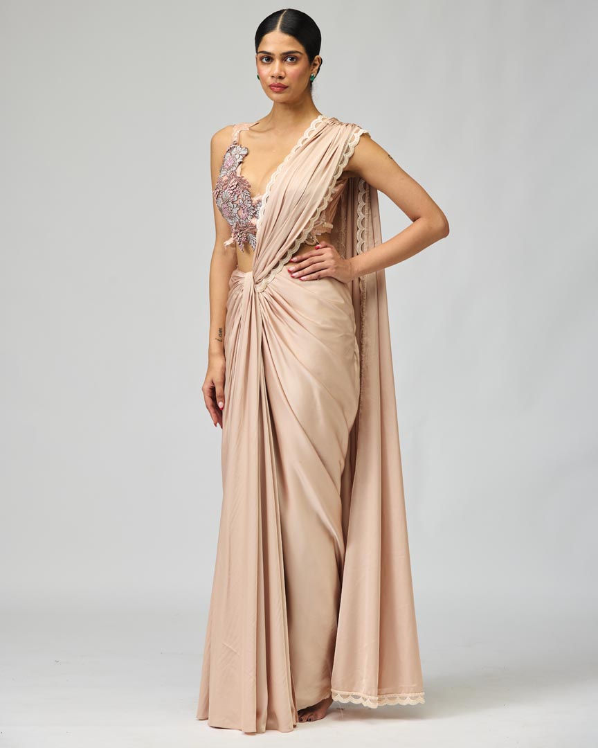 Blush Pink Armani Satin Saree Set with Intricate Zari Embroidery