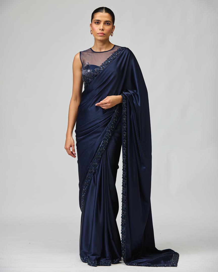 Navy Embellished Saree Set in Fluid Armani Satin & Net