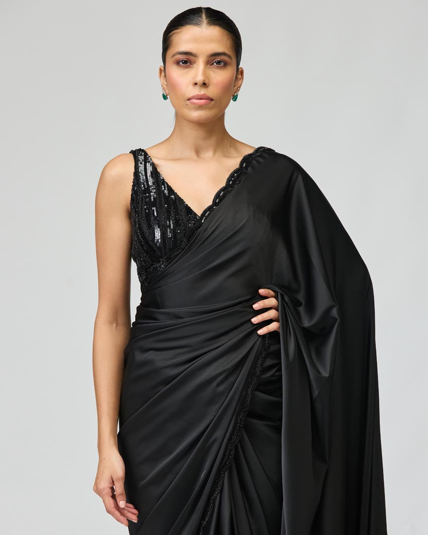 Black Embroidered Armani Satin Saree Set for Elegant Evening Wear