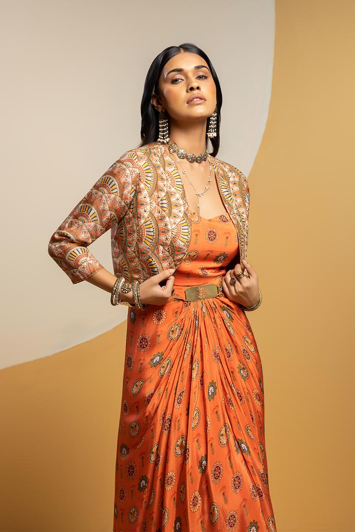 Taarani embellished long drape dress setSP4937