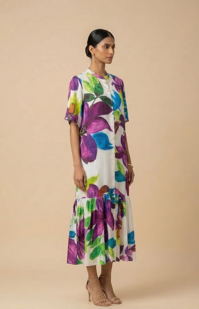 THETAA Calista  Embroidered Silk Shantoon Dress