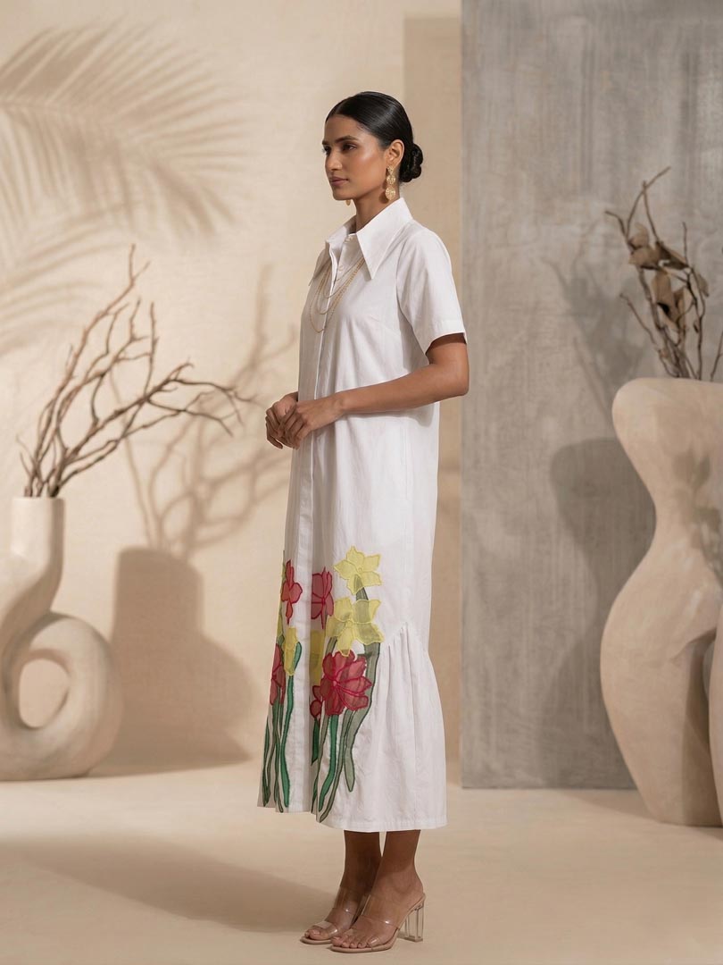 THETAA Cerise  Embroidered Cotton Poplin Dress