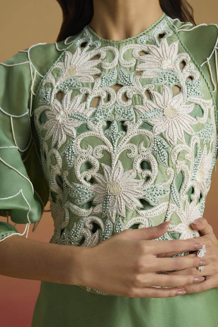 Sage Green Silk Organza Flounce Dress - Elegant Evening Wear