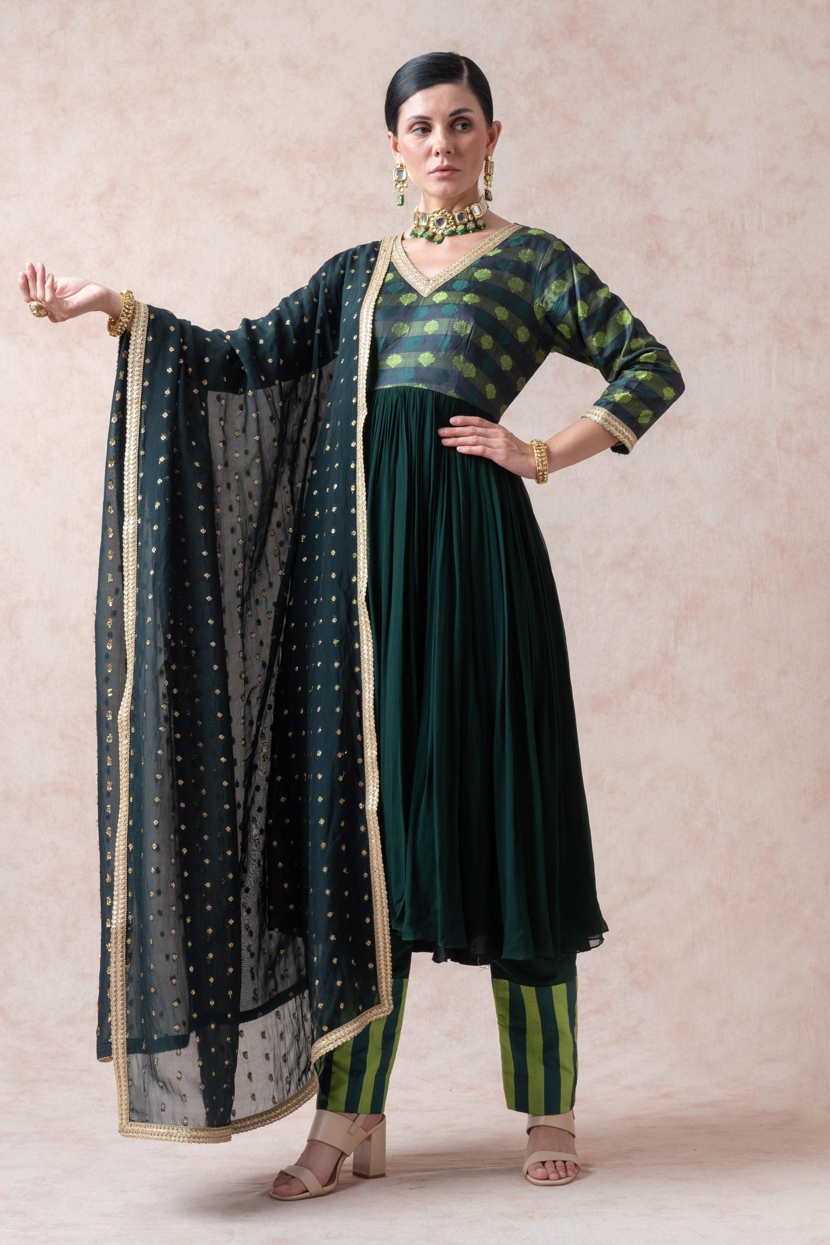 Bottle Green Tanchoi Silk Anarkali with palazzo