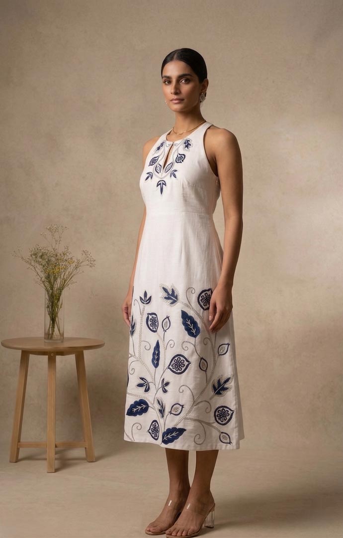 THETAA Indira  Embroidered Cotton Linen Dress